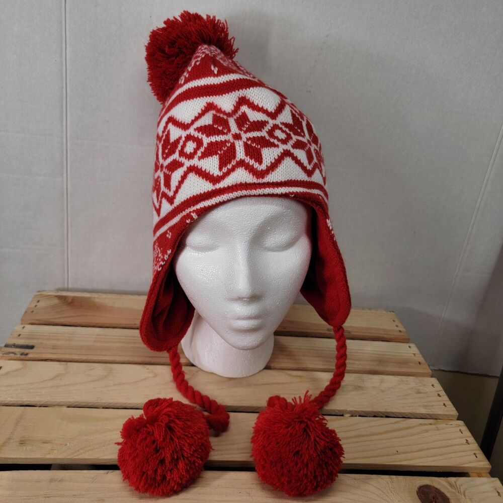Avenue 9 Winter Trapper Style Hat Red and White X3 Pom Poms